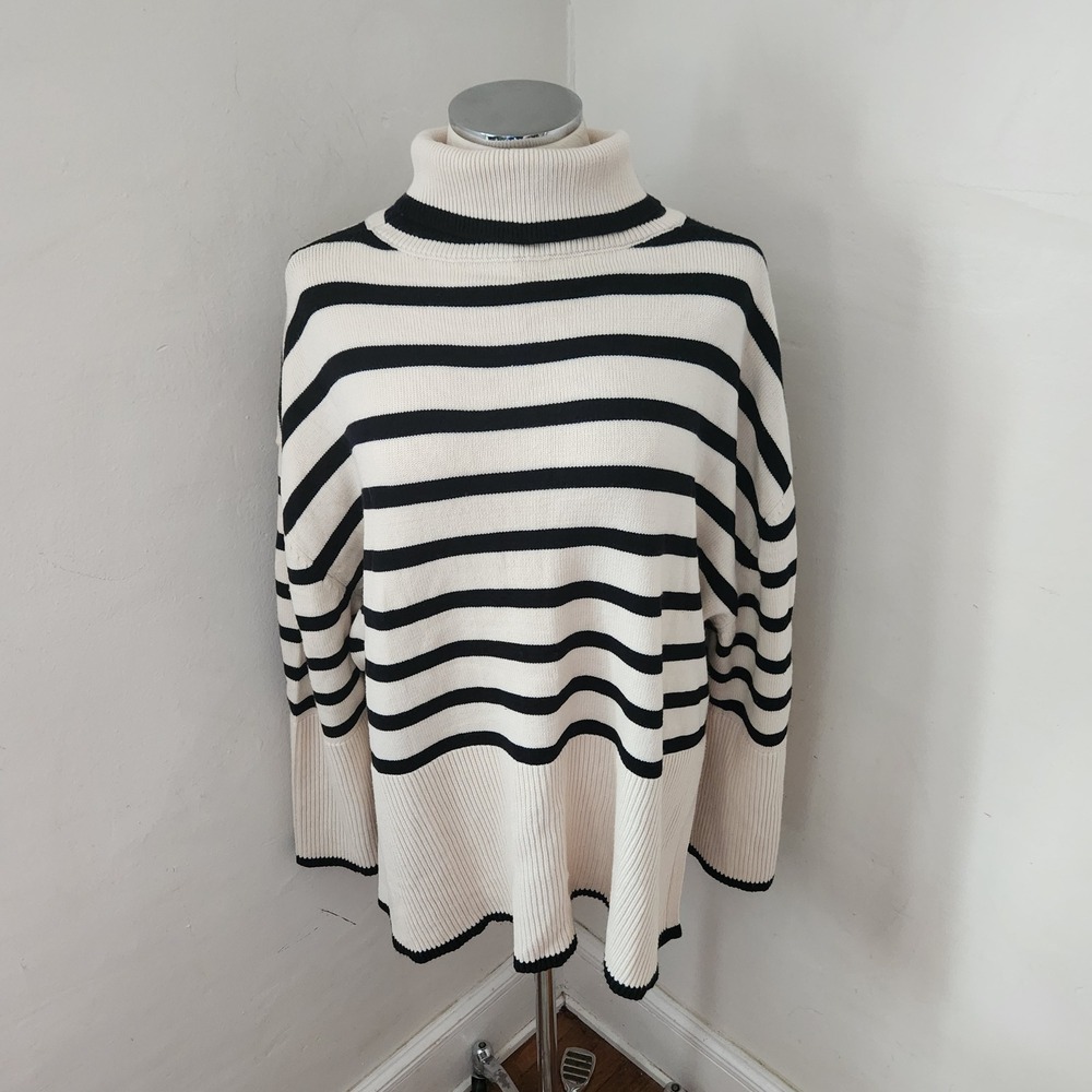 LILLUSORY Womens Striped Turtleneck Sweater Cream Black Oversized L